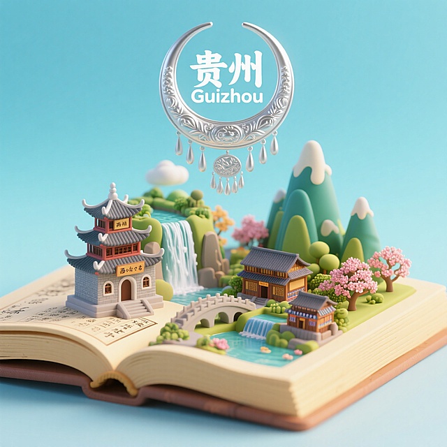 一本打开的古代书籍，书是打开的，书上是贵州城市景观微缩模型，有贵阳的甲秀楼，遵义的会议旧址，安顺的黄果树瀑布，黔东南的西江苗寨，黔南的荔波小七孔，毕节的百里杜鹃，兴义的万峰林，上方有被苗族银饰环抱着的中文“贵州”和英文“Guizhou”，整体画面生动，色调温暖明快，充满活力与朝气，具有梦幻感，背景为浅青蓝渐变。