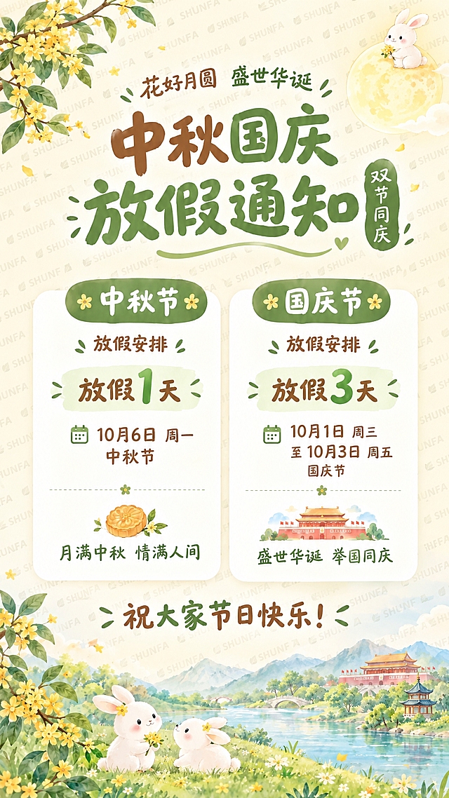修改这张中秋国庆放假通知海报：将背景中的SHUNFA暗纹水印调得更明显清晰一些，增加暗纹的可见度，字体更清晰，排列更密集一些，但仍然保持作为背景暗纹的低调感，不抢主体内容的风头，不影响画面文字阅读。其他所有内容、文字、布局、小清新风格全部保持不变。版式精美，层次分明。