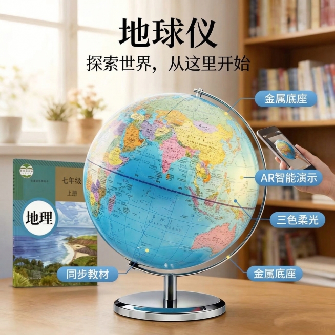 政区蓝色地球仪主图，金属底座，放置在木质书桌上，背景是靠窗的书房，旁边放着七年级地理教材，清晰标注产品核心卖点：金属底座、AR智能演示、三色柔光、同步教材，主标题为地球仪，副标题探索世界从这里开始，卖预览效果