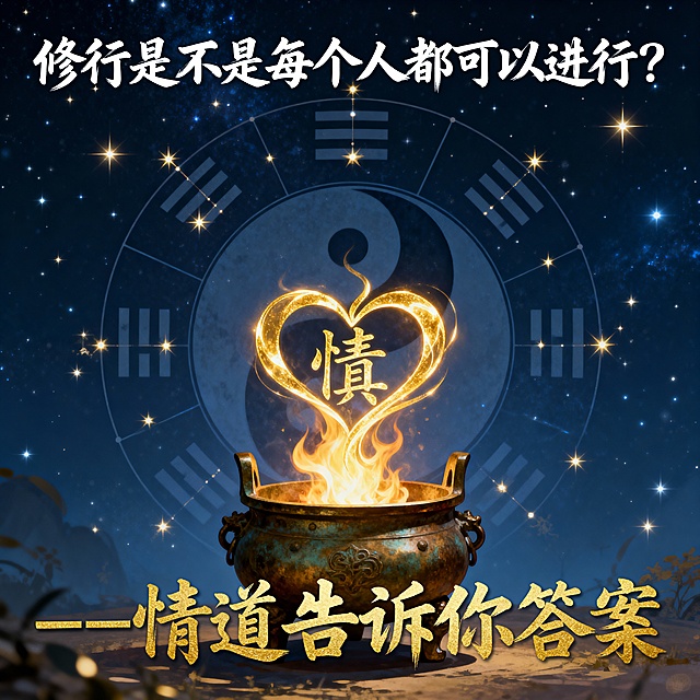 国潮风融合鎏金粒子，古铜香炉中火焰幻化心形“慎”字，太极八卦背景星辉闪烁，神秘神圣交织，光影唯美感十足，中式复古与金属质感共现，传递修行哲思。
