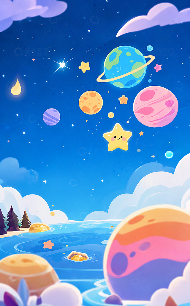 去掉图中的卡通宇航员人物，保留原来的星空星球背景和整体风格，将图片变清晰，保持其他元素不变
