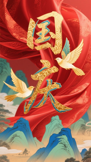 国潮风格庆祝国庆主题竖版海报，主体为“国庆”二字（采用金色刺绣质感，带有精致花纹纹理，部分笔画辅以蓝色刺绣点缀），搭配两只姿态灵动的金色和平鸽（翅膀有金属光泽与细腻羽毛细节）；背景是带有华丽织物纹理与预览效果