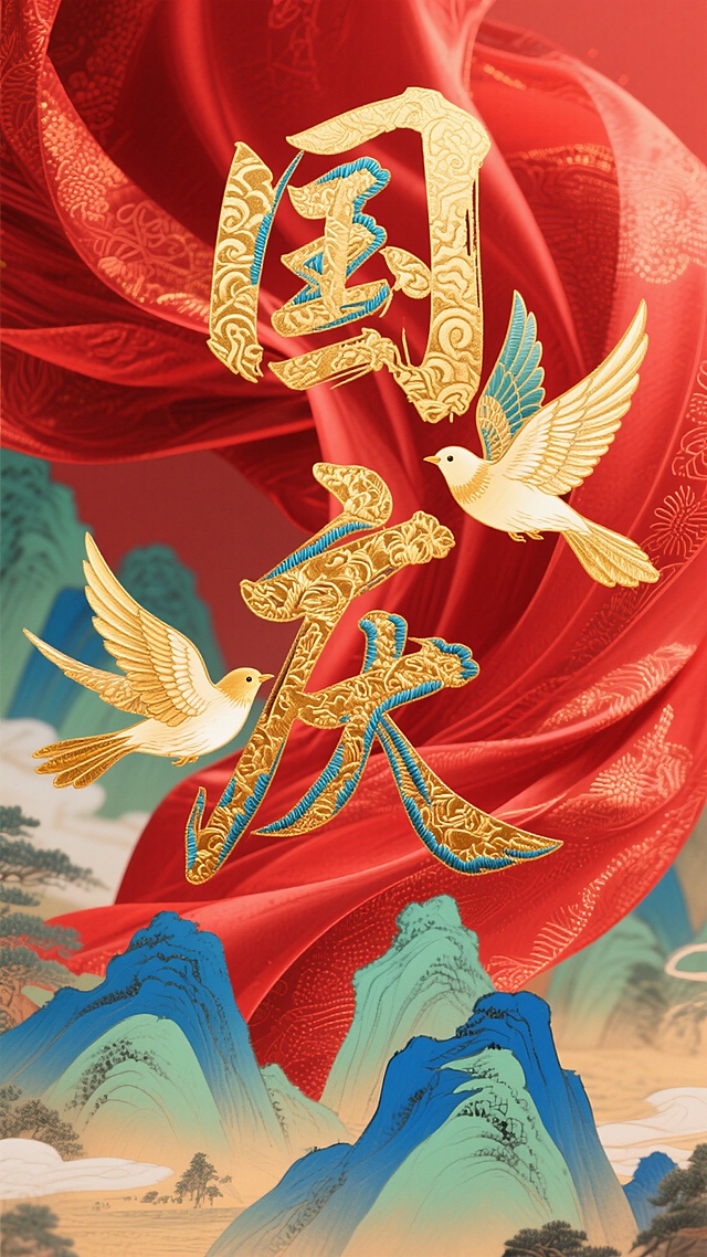 国潮风格庆祝国庆主题竖版海报，主体为“国庆”二字（采用金色刺绣质感，带有精致花纹纹理，部分笔画辅以蓝色刺绣点缀），搭配两只姿态灵动的金色和平鸽（翅膀有金属光泽与细腻羽毛细节）；背景是带有华丽织物纹理与自然褶皱的红色绸缎（富有光泽感，光影层次丰富），远处衬以国潮写意风格的蓝绿色调山水（层次分明，意境悠远）；整体色调以热烈喜庆的中国红为主，搭配华贵的金色与清新的蓝绿色；构图协调，营造出庄重喜庆且充满民族文化底蕴的氛围，细节丰富，如刺绣的针脚质感、绸缎的光泽变化、和平鸽的羽毛层次、山水的写意笔触等