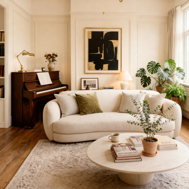 参考上传图片的美式复古暖调风格，奶油色系装修，优雅精致家居软装，室内光线明亮柔和，高清写实质感，1:1构图，不同的室内空间场景预览效果