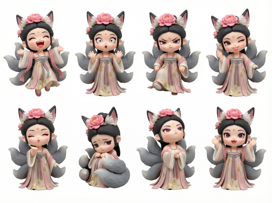 参考图中的九尾狐IP少女手办，保持角色特征和IP形象一致性，生成一套共8张不同表情和动态的设计延展，表情和动作幅度要大，风格俏皮可爱，粘土手办质感，将8个造型整合在一张图上，4:3比例，纯白色背景预览效果