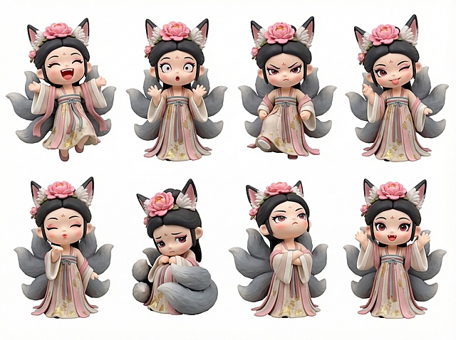 参考图中的九尾狐IP少女手办，保持角色特征和IP形象一致性，生成一套共8张不同表情和动态的设计延展，表情和动作幅度要大，风格俏皮可爱，粘土手办质感，将8个造型整合在一张图上，4:3比例，纯白色背景