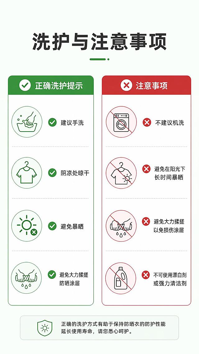 [第13屏] 洗护保养说明与注意事项。
[氛围/风格] 简约说明页，清晰易读，干净专业。
[元素布局] 顶部标题，下方分两栏：正确洗护提示和注意事项，用勾选和叉选图标区分，内容为：建议手洗，阴凉处晾干，避免暴晒，避免大力揉搓防晒涂层。
[光影质感] 均匀柔光，图标文字清晰。
[配色色系] 全局底色 #F8FDFA；主色深灰文字，绿色对勾红色叉号。
[文字版式] 顶部标题「洗护与注意事项」，分两栏展示，文字大小适中，清晰易读。
[比例分辨率] 9:16 竖版比例，width=1080，height=1920，4K分辨率，高清画质，文字清晰。
[负向提示词] 排版混乱，文字错乱，文字过小，水印。