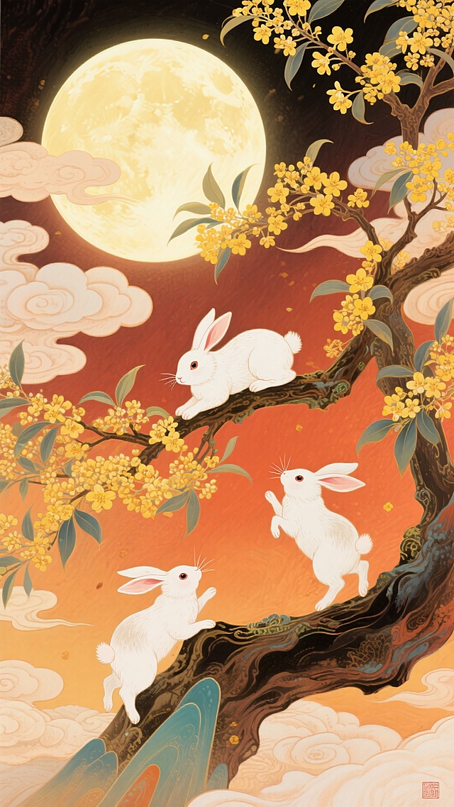 🌕圆月桂枝间，三只萌兔🐰中秋视觉