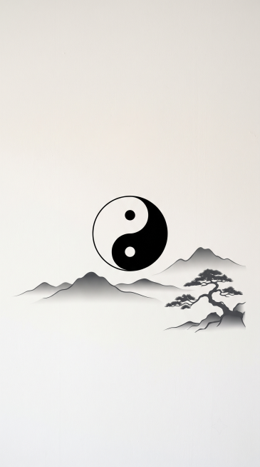 极简风格太极直播间背景，浅色背景，单个太极图居中，搭配远山和迎客松剪影，武当元素，没有任何文字，干净清爽，竖版预览效果