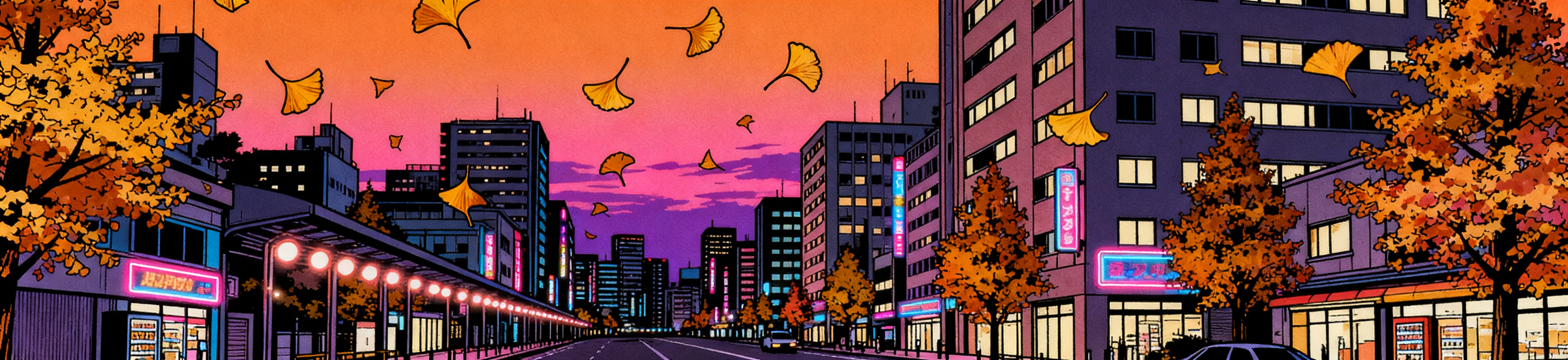 Citypop风格秋季氛围插画，复古都市流行美学，秋日黄昏的城… - 图片创意预览