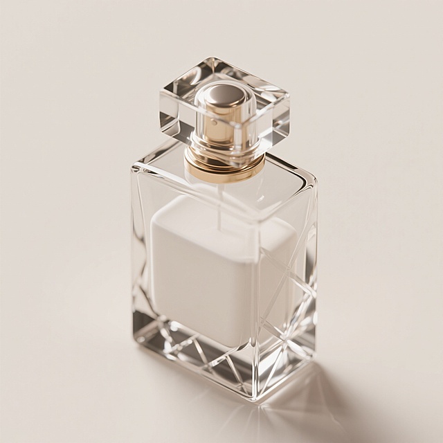 一瓶高级的香水，玻璃瓶子内装有白色液体，