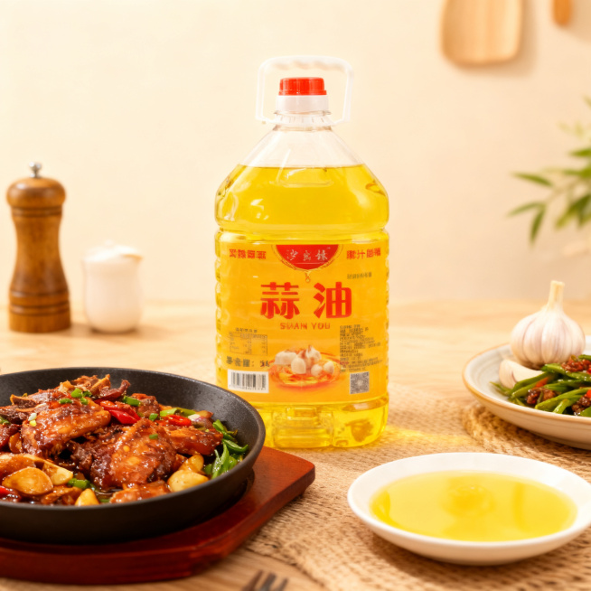 蒜油电商主图，场景化展示：蒜油搭配烹饪美食，凸显蒜香提味，突出浓郁蒜香卖点，简约温馨场景构图，1:1比例预览效果