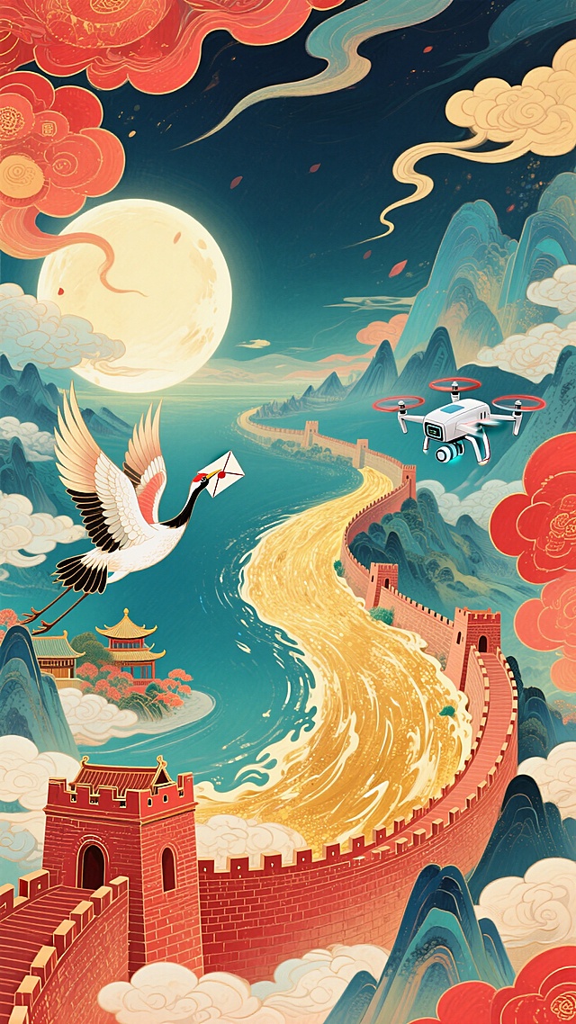 左边有古代鸿雁（羽毛沾着月光，嘴里叼着信笺 ）飞过古代驿站，右边有现代智能无人机低空飞过长城，奔腾的金色长江阻隔在中间，圆月高悬。整体画面充斥着华丽的金色和喜庆的红色，奇幻色彩和光影变化，具有丰富的层次感和立体感，体现繁荣昌盛喜庆氛围，梦幻的大透视
