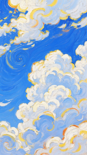 梵高风格的蓝天白云，明亮的钴蓝色天空占据画面主体，蓬松的白色云朵以旋涡状动态分布，部分云朵边缘被强烈的黄色阳光染上温暖的黄色和橙色光晕，厚重而富有肌理感的油画笔触，清晰展现云层的立体纹理和天空的流动旋转感，高饱和度的蓝白黄色彩对比鲜明，印象派特有的光影效果使画面充满生命力和艺术张力，整体营造出温暖而充满活力的氛围。预览效果