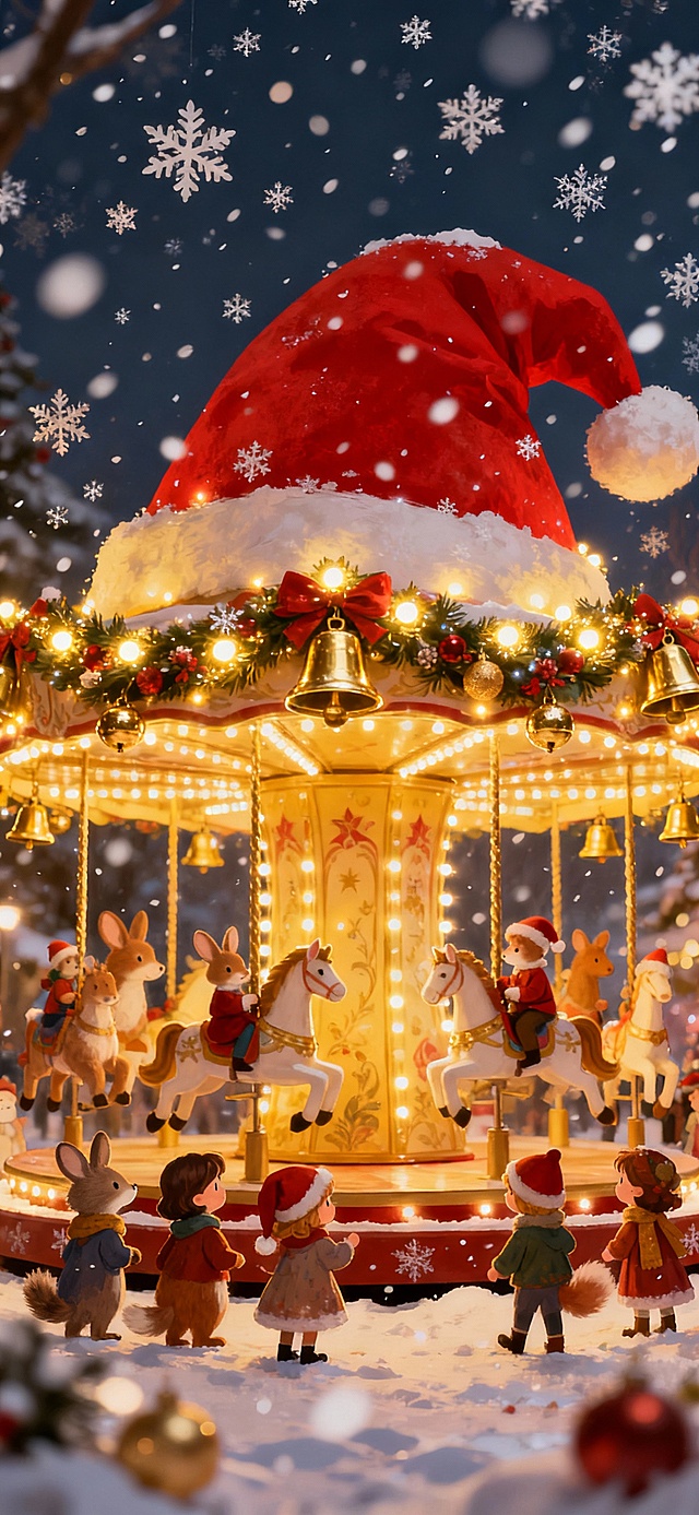 可爱的小动物和一群活泼可爱的小朋友围绕着一个巨大的圣诞旋转木马，旋转木马上装饰着巨大的红帽子、发光的花环和金色的铃铛，空中雪花飞舞，梦幻的散景灯光，温暖的节日光芒，高度详细的童话氛围。