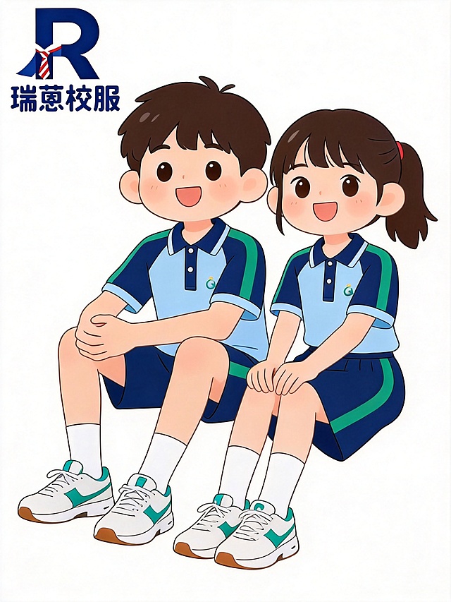 儿童节主题卡通风格海报，一对卡通男女学生穿着清远浅蓝拼藏青色带绿条纹短袖深蓝色夏季校服，充满童真童趣的欢乐儿童节氛围，左上角加上瑞蒽校服R形LOGO
