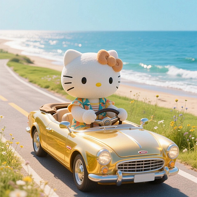 kitty玩偶，度假风，在海边公路上开车