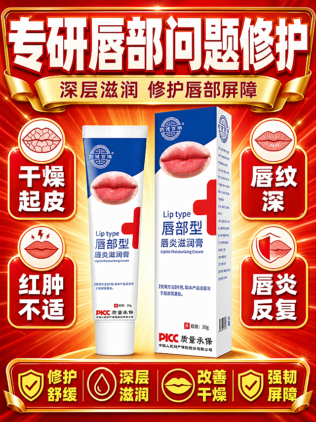[商品] 使用【图1】药健百瑞唇部型唇炎滋润膏；保留软管+包装盒外观、蓝白红配色、药健百瑞Logo、唇部图案、红十字标识、PICC质量承保文字、20g规格等所有包装细节；产品清晰完整，不变形不改变颜色。
[画面] 详情页第1张 首屏海报 痛点直击型。画面上方大标题区，中间产品主体，下方痛点图标。产品软管和包装盒放在画面中央偏下，占画面约50%。背景是红金渐变放射光背景，顶部有金色装饰横幅。左右两侧用图标加文字展示唇部常见问题：干燥、起皮、红肿、唇纹深。底部有产品核心利益点。整体氛围强烈有冲击力，符合拼多多促销风格。
[视觉] 套系策略：风格=拼多多大字报促销风 高饱和度红金主色；标题字=粗黑无衬线体 超粗超大；正文字=黑体 清晰醒目；主色=大红色+金黄色；背景延展=红色渐变、金色光效、放射光线、爆炸贴元素；强调色=金黄色 仅用于标题描边、图标、价格标签；标题色=白色粗体带金色描边；正文色=白色或黄色；组件=圆角爆炸贴、金色边框、红底白字标签、对勾图标；光影=强烈顶光+放射光 产品明亮突出。
[文字] 画面顶部超大主标题"专研唇部问题修护"，副标题"深层滋润 修护唇部屏障"。左侧两个红底白字圆角框："干燥起皮"、"红肿不适"，右侧两个红底白字圆角框："唇纹深"、"唇炎反复"。底部一行黄色大字"一支解决多种唇部困扰"。文字全部横排，字号大，手机端清晰可读。
[规格] 图片比例3:4竖版，2K，避免变形、错字、文字过小、冷蓝背景、产品颜色改变、医疗夸大承诺、绝对化用语。