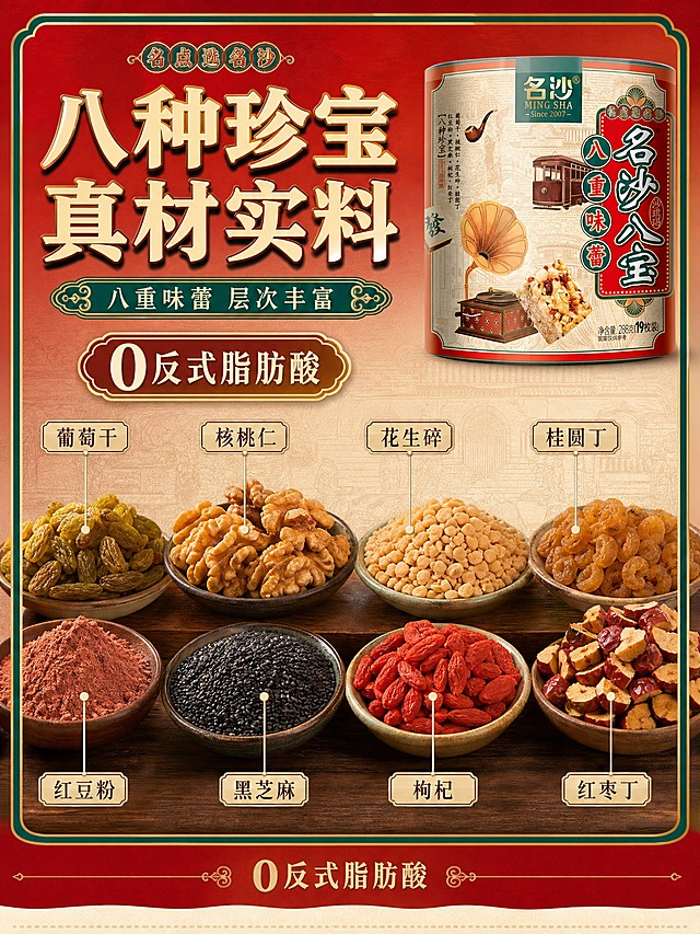 [商品] 使用【图1】名沙八宝沙琪玛圆柱罐装（中国红罐身、墨绿描边、米白仿古底纹、名沙 MING SHA Since 2007、名沙八宝、沙琪玛、八重味蕾、八种珍宝配料列表、0反式脂肪酸标签、净含量288克19枚装）；保留全部包装文字、图案、结构、颜色；本张罐身完整露出占画面约25%，置于右侧辅助位。
[画面] 配料/成分专张：八种珍宝原料放大铺满中下部，占画面50%以上——葡萄干、核桃仁、花生碎、桂圆丁、红豆粉、黑芝麻、枸杞、红枣丁，每种原料配细引线与短标签；中部大字号“八种珍宝”与“0反式脂肪酸”金边徽章；产品罐立于右侧；阅读动线自上而下。
[视觉] 套系策略：风格=复古国潮中式礼盒风；标题字=米白金边粗黑体；正文字=清爽宋体；主色=中国红；背景延展=深红到米白仿古纸纹渐变、墨绿描边边框、金色细线纹样；强调色=金色，仅用于小面积徽章、引线与标签；标题色=米白；正文色=米白浅棕；组件=圆角信息卡、金边徽章、细引线；光影=明亮棚拍加暖调侧光。
[文字] 主标题“八种珍宝 真材实料”放顶部；副标题“八重味蕾 层次丰富”；原料标签“葡萄干”“核桃仁”“花生碎”“桂圆丁”“红豆粉”“黑芝麻”“枸杞”“红枣丁”横排清晰；底部小字“0反式脂肪酸”；全部横向排版。
[规格] 3:4竖版，4K，避免变形、错字、文字过小、冷灰背景、包装颜色改变、平台Logo、水印。