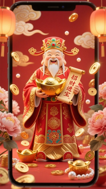 手机壁纸，财神爷，一位慈祥的中国神祇，身穿华丽的红色和金色官袍，头戴官帽，手持大金元宝和“招财进宝”卷轴，周围漂浮着金币、铜钱和珍珠。背景是祥云、灯笼和牡丹花。金色光晕，红色主题，细节丰富，3D渲染，预览效果