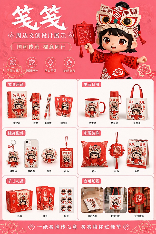 参考提供的笺笺IP形象设计图，生成一张笺笺IP的周边文创设计展示图，A3竖版排版，整体延续粉色红色国潮喜庆风格，展示多种应用在不同文创产品上的效果，排版保持清晰分区