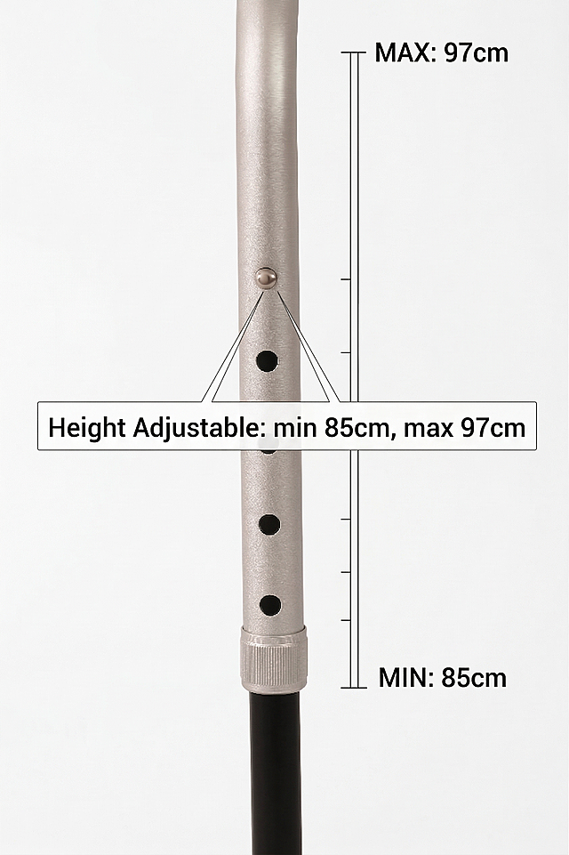 老年拐杖尺寸参数电商主图，展示高度调节功能，标注文字:"Height Adjustable: min 85cm, max 97cm"，清晰展示调节孔位，干净简洁背景，英文排版，阿里巴巴国际站专业产品参数图，高清