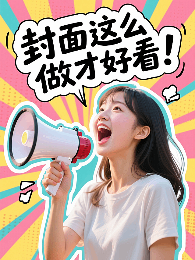 写实抠图人像，人像周围有描边，一个女生拿着喇叭大喊，标题为涂鸦手写字“封面这么做才好看！”，漫画放射线背景，活泼配色