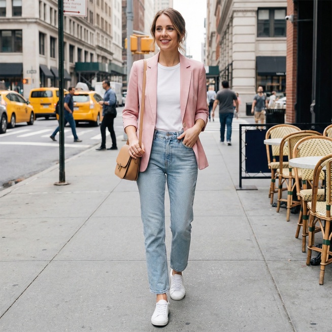 以图中的粉色七分袖小西装外套为元素,欧美女人日常穿着粉色七分袖小西装外套,生成6张跟粉色七分袖小西装外套有关的图,比例 「1:1」预览效果