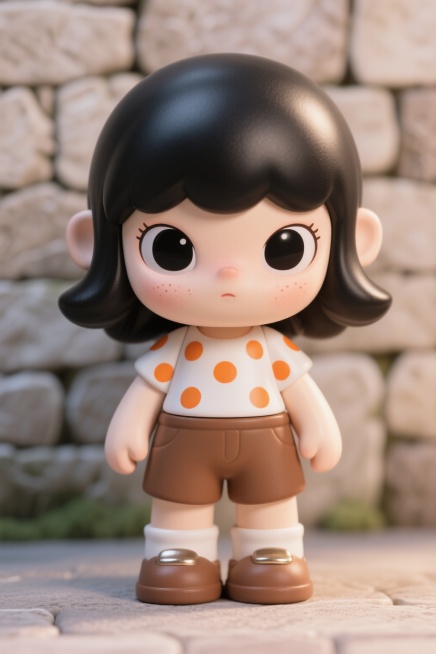 3D潮玩风格的人物形象，圆润的面部轮廓，大大的眼睛，黑色长发，穿着白色带橙色波点的上衣和棕色短裤，背景为石墙纹理，整体色彩明亮柔和，具有卡通化的3D建模质感，细节丰富，光影自然预览效果