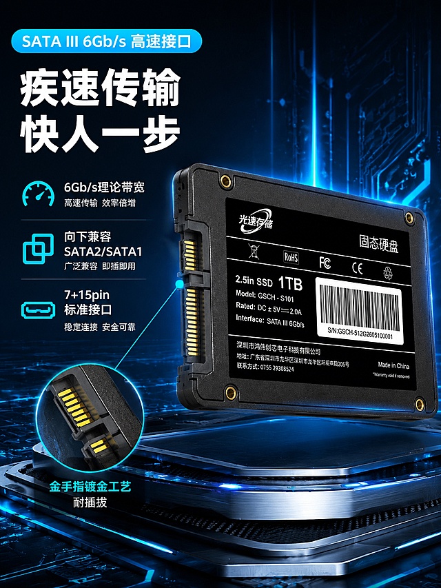 [第4屏] 详情页核心技术解析-SATA III 6Gb/s高速接口技术展示。本屏使用【图1】作为商品主体，重点展示接口部分。
[氛围/风格] 硬核科技风，技术解构感，专业精密，商业摄影质感。
[元素布局] 固态硬盘背面（带接口面）置于画面中央偏右，45度角侧放，SATA接口朝向观众，产品占比约50%；左侧为技术解析区域，用发光线条连接到接口部位，展示接口金手指细节放大图；背景为深蓝色科技空间，有电路板纹理和数据流动光效；底部有悬浮的金属质感台面。产品结构、接口形状、金手指数量与输入图完全一致。
[光影质感] 侧前方主光打亮接口金手指，产生金属高光；产品周围有蓝色轮廓光；整体光影层次丰富，科技感强。
[配色色系] 全局底色 #0D1B2A 深蓝黑；主色 科技青蓝 #00F0FF；辅助色 金色接口高光、白色文字。
[视角构图] 微俯视侧角，产品在右技术说明在左，阅读动线左标题→中产品→右细节。
[文字版式] 左上技术标签型版式。顶部技术标签「SATA III 6Gb/s 高速接口」，蓝底白字圆角标签；主标题「疾速传输 快人一步」，白色粗黑体；下方三个技术分点：1.「6Gb/s理论带宽」配速度图标；2.「向下兼容SATA2/SATA1」配兼容图标；3.「7+15pin标准接口」配接口示意图标。每个分点配小图标，左对齐排列。接口部位有放大圈标注「金手指镀金工艺 耐插拔」。文字不遮挡产品主体。
[比例分辨率] 3:4竖版比例，4K分辨率，文字清晰可辨，高清画质。
[负向提示词] 产品变形，接口结构错误，颜色偏差，水印，文字错乱，产品图模糊。