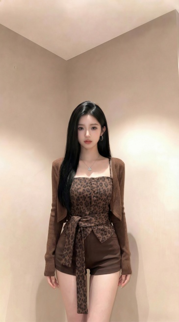 将图一图二的棕色开衫+豹纹吊带+棕色短裤的穿搭换到图三人物身上，保留人物的发型、五官、耳环，不要包包，佩戴图中的项链，调整身材比例为模特身材，头肩比自然协调，整体效果自然不违和预览效果