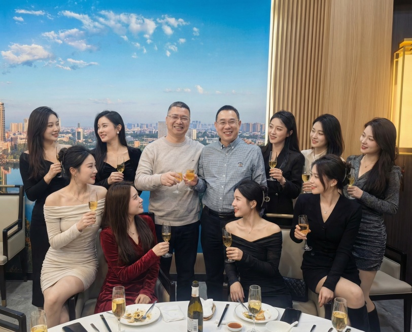 修改图片，两名男子周围环绕十名性感美女预览效果