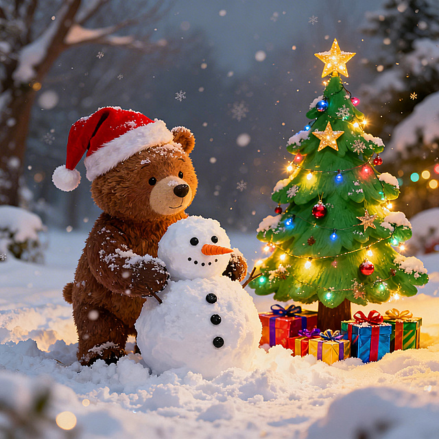 童话故事风格，戴着圣诞帽的小熊在雪地里堆雪人，旁边是圣诞树和礼物，画面温馨喜庆