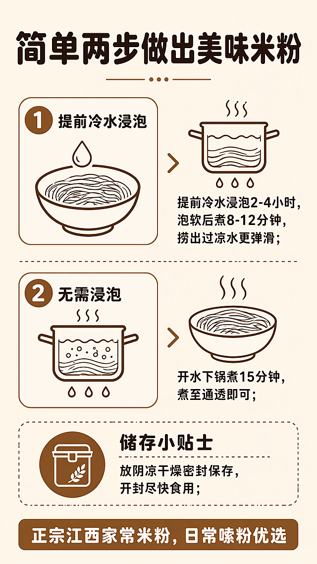 [第8屏] 食用方法+储存提示收尾页，江西干米粉煮食方法说明。[氛围/风格] 清晰实用风格，简洁明了。[元素布局] 顶部主标题，中间分两点介绍煮食方法，下方放储存小贴士，底部收尾标语，内容排布清晰。[光影质感] 均匀光线，文字清晰，整体干净整洁。[配色色系] 全局底色：#F5F0E6；主体配色：#8B5A2B；辅助色：#2C1810。[视角构图] 从上到下排列，信息层级分明，方便阅读。[文字版式] 延续圆角粗黑深棕色纯色字。主标题"简单两步做出美味米粉"顶部居中；煮食方法：1.提前冷水浸泡2-4小时，泡软后煮8-12分钟，捞出过凉水更弹滑；2.无需浸泡：开水下锅煮15分钟，煮至通透即可；储存小贴士：放阴凉干燥密封保存，开封尽快食用；底部标语"正宗江西家常米粉，日常嗦粉优选"。文字大小合适，手机端清晰可读。[比例分辨率] 9:16竖版，4K，文字清晰。[负向提示词] 文字错乱，排版杂乱，颜色偏差