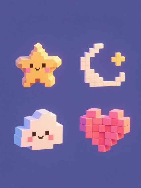 像素艺术风格，纯色背景，4个完全不同造型的可爱像素元素（如像素星星、像素月亮、像素云朵、像素爱心）组成的系列素材集合，每个元素均采用立体像素块堆叠设计，具有明显的块面感和几何立体感，色彩明快鲜艳，高光与阴影对比清晰以增强体积感，所有元素规整排布，保持统一的像素分辨率和可爱风格，整体构图平衡对称，视觉层次分明，充满童趣与设计感。预览效果