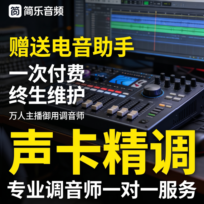 将原图调整为800*800正方形尺寸，保留原图片所有文案和声卡产品内容，"简乐音频"、"赠送电音助手"、"一次付费 终生维护"、"万人主播御用调音师"、"声卡精调"、"专业调音师一对一服务"全部文字清预览效果