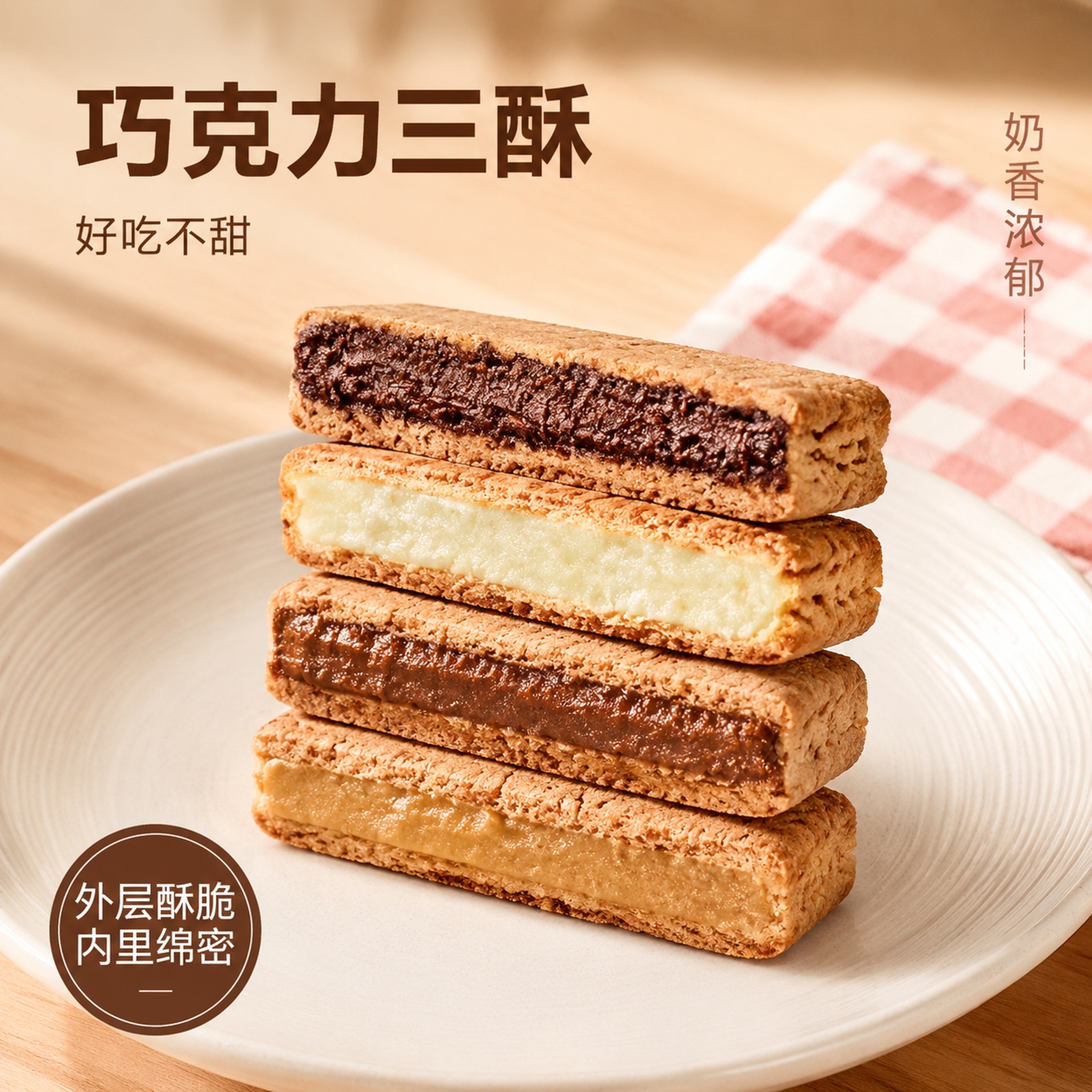 [主图1]巧克力三酥产品首图，日常休闲小零食食欲感展示；[氛围… - 图片创意预览