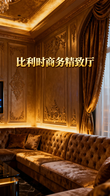西安商务KTV场景，比利时精致风装修，精细雕花，高端面料软装，添加文字“比利时商务精致厅”预览效果