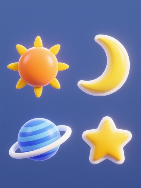 纯色背景，立体风格，四个完全不同的天体元素系列素材集合规整排布，第一个是橙色圆形太阳带有黄色放射状光芒和白色高光，第二个是黄色月牙形状月亮带有黄色渐变和白色轮廓线，第三个是蓝色圆形星球带有白色环形纹路和高光，第四个是黄色五角星带有黄色渐变和白色轮廓线，所有元素均采用圆润立体造型，边缘有白色高光和黄色阴影，保持简洁明快的设计风格预览效果