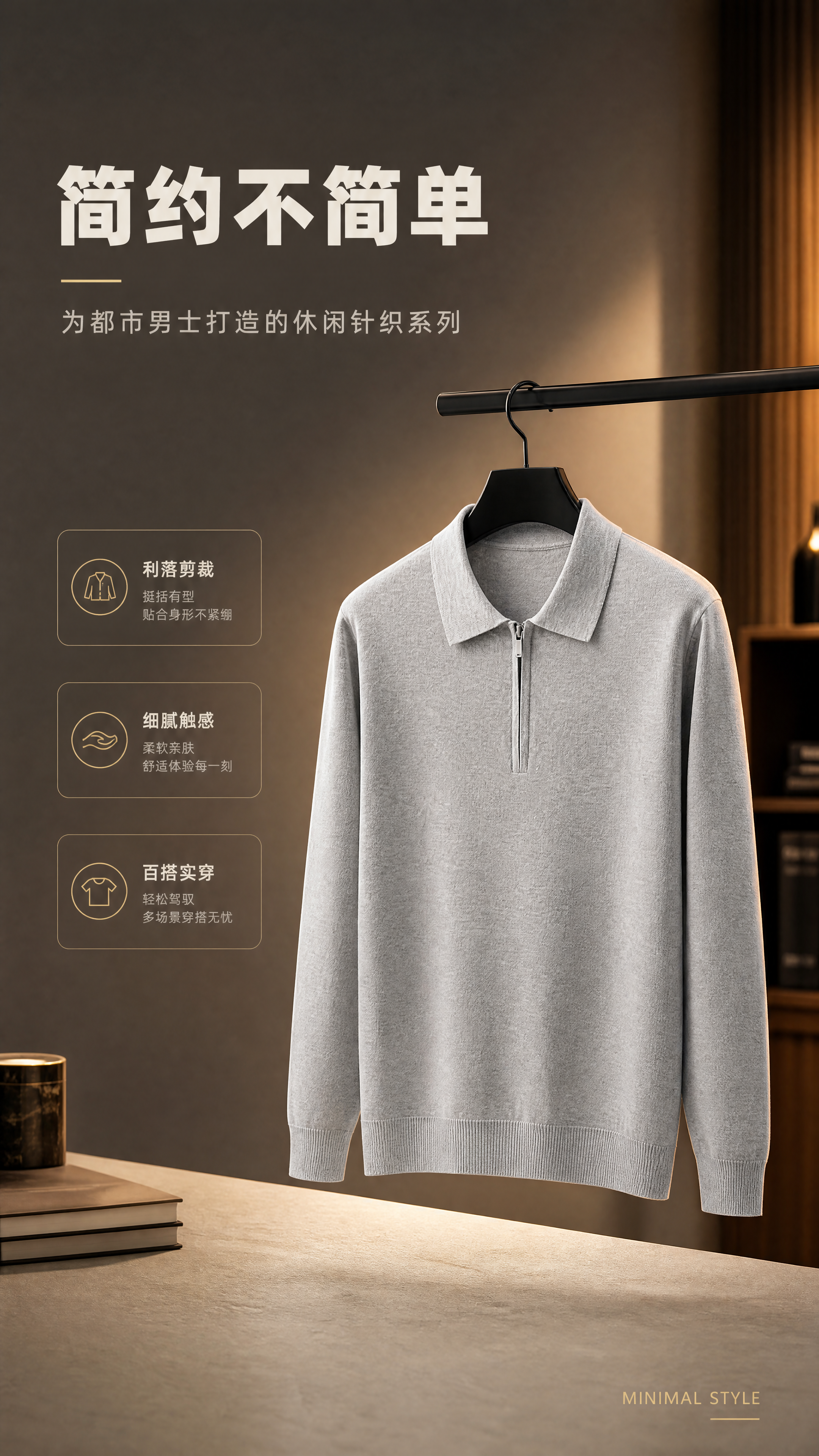 [商品] 使用【图5】浅灰色男士半拉链翻领针织polo衫；商品… - 图片创意预览
