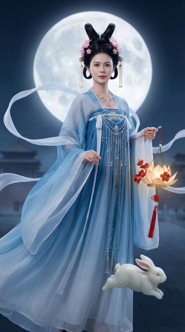 图中人物五官不变，生成年轻东亚女性全身人像，扮演中国神话中的嫦娥仙子。梳着精致的双角形黑色发髻，发间点缀粉色花朵发饰与金色流苏。身着蓝白渐变的飘逸汉服，宽大的袖口与裙摆，胸口处有精致的银色珠饰与流苏链预览效果