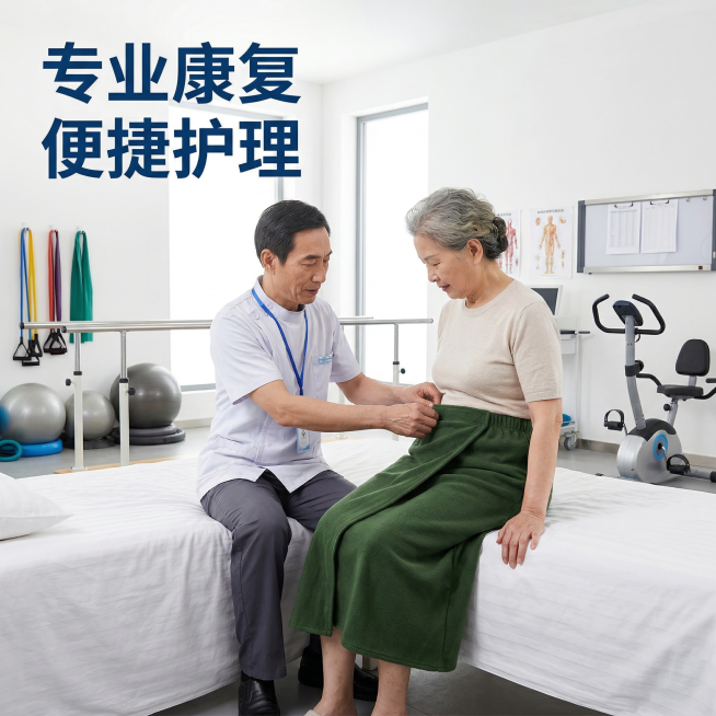 60岁亚洲长脸男护工帮助老人穿戴老年人防漏隔尿裤裙，隔尿裤裙裙长70cm比例合适，不超长，产品外观与参考图一致。背景是康复中心病房，背景摆放专业康复器械，专业康复护理场景，明亮干净专业光线，真实自然风预览效果