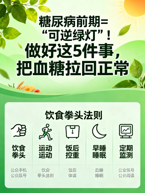 公众号健康科普贴图，主题为糖尿病前期逆转方法，标题文字为"糖尿病前期=“可逆绿灯”！做好这5件事，把血糖拉回正常"，整体风格清新专业，医疗健康风格，包含五个核心要点：饮食拳头法则、饭后运动、控重、早睡预览效果