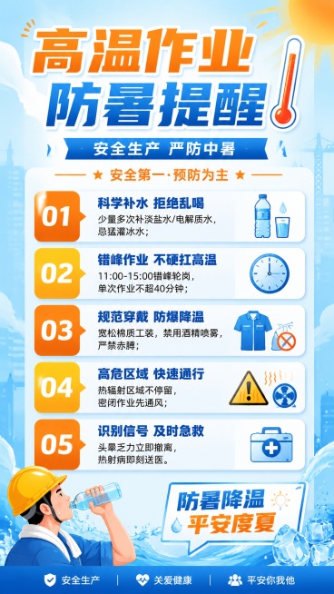 朋友圈防暑降温提醒海报，整体风格简约活力，重点突出，9:16竖版。画面顶部大标题文字"高温作业 防暑提醒"，副标题文字"安全生产 严防中暑"，装饰文字"安全第一·预防为主"。五个防暑要点分区清晰展示：预览效果