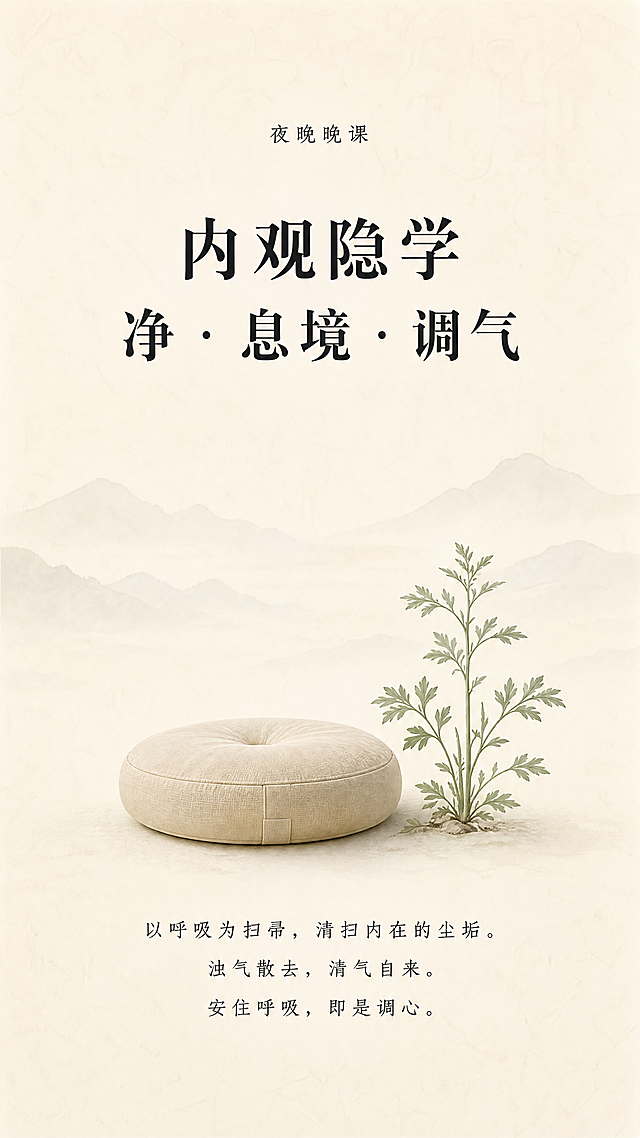 [第6屏] 晚课「内观隐学：净•息境•调气」深度解析
[氛围/风格] 禅意风，清净调息氛围感，空寂东方美学，低对比柔和色调，延续一阶风格
[元素布局] 大面积留白，画面中心偏下摆放一个呼吸冥想垫和一株艾草，顶部为课程标题，底部为说明文字，背景为素净宣纸纹理，远处点缀淡淡的远山，整体极简空灵，没有多余元素
[光影质感] 整体柔和自然光，环境干净通透，明暗对比极弱，营造清净冥想氛围
[配色色系] 全局底色：#F7F3EA；文字#2C2C2C；冥想垫#D6CEBD；艾草#9BB2A1；远山#E8E3DA
[视角构图] 竖向构图，大量留白，元素居中，空灵透气
[文字版式] 顶部小字"夜晚晚课"，主标题加粗"内观隐学
净 · 息境 · 调气"，正文文字"以呼吸为扫帚，清扫内在的尘垢。浊气散去，清气自来。安住呼吸，即是调心。"居中排布，行间距宽松，字间距舒展，符合禅意气质
[比例分辨率] 9:16竖版比例，1080x1920，4K分辨率，文字清晰可辨
[负向提示词] 变形，水印，文字错乱，颜色偏差，背景杂乱，多余装饰，色彩鲜艳，构图拥挤