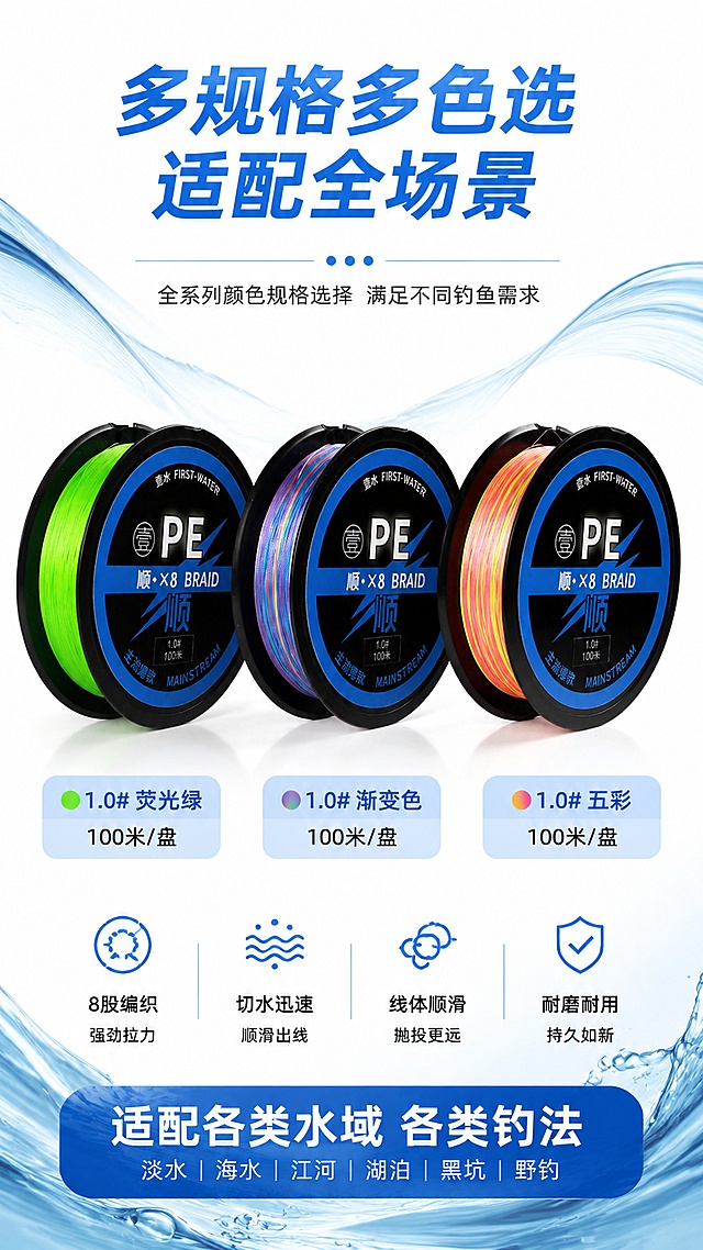 [第5屏] 多SKU全家福展示页，全系列颜色规格选择。本屏使用【图7】全家福产品图作为主体。
[氛围/风格] 整齐陈列风格，丰富多样，清晰展示全系列选择。
[元素布局] 三款产品错落排列在画面中央，占比约70%，保留原产品颜色和规格：荧光绿、渐变色、五彩，三款整齐排列展示，下方对应标注每个规格型号，背景干净，增加装饰性水波纹元素。
[光影质感] 均匀正面打光，每个产品都清晰展示，阴影自然，色彩还原准确。
[配色色系] 全局底色 #ffffff；保留产品本身黑蓝配色，不同鱼线颜色自然区分，文字标签用浅蓝色背景突出。
[视角构图] 平列展示构图，正面视角，产品排列错落有致，视觉均衡。
[文字版式] 顶部大标题“多规格多色选 适配全场景”，每个产品下方标注对应号数和颜色，底部蓝色信息条写“适配各类水域 各类钓法”，文字清晰不遮挡产品。
[比例分辨率] 9:16竖版比例，宽度1080像素，高度1920像素，分辨率4K，文字清晰可辨，高清画质。
[负向提示词] 产品排列错乱，颜色失真，规格标注错误，文字遮挡主体，变形。