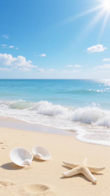 超写实风格海滩场景，画面下方前景是细腻柔软的浅黄色沙滩，沙滩上左侧有两个半埋在沙中的白色贝壳，右侧有一只展开的浅色海星，海星表面有细小的纹理；中景是轻轻拍打沙滩的白色浪花，浪花边缘清晰；远景是一望无际的渐变蓝色海洋，海面平静泛着微光；天空占据画面上半部分，是明亮的蔚蓝色，点缀着几朵稀疏的白色云朵，右上角有耀眼的太阳光芒，光线明亮柔和，整个画面营造出宁静、清新、治愈的夏日氛围，色彩纯净和谐，光影……预览效果