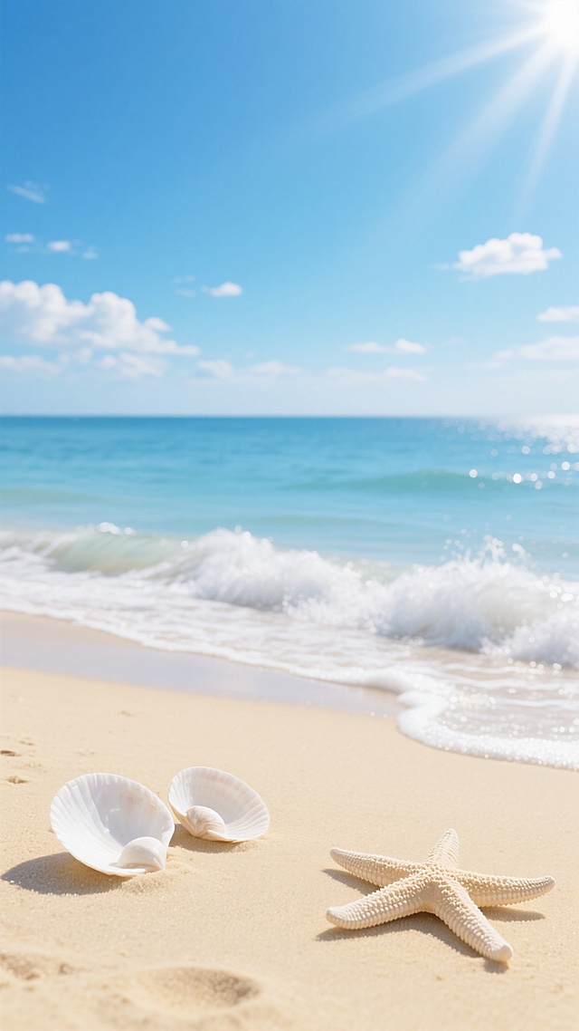 超写实风格海滩场景，画面下方前景是细腻柔软的浅黄色沙滩，沙滩上左侧有两个半埋在沙中的白色贝壳，右侧有一只展开的浅色海星，海星表面有细小的纹理；中景是轻轻拍打沙滩的白色浪花，浪花边缘清晰；远景是一望无际的渐变蓝色海洋，海面平静泛着微光；天空占据画面上半部分，是明亮的蔚蓝色，点缀着几朵稀疏的白色云朵，右上角有耀眼的太阳光芒，光线明亮柔和，整个画面营造出宁静、清新、治愈的夏日氛围，色彩纯净和谐，光影过渡自然，具有高清晰度和真实的质感表现。