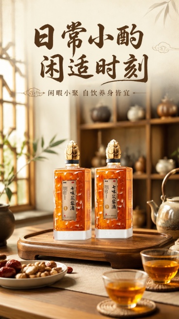 [第4屏] 七味苁蓉酒日常饮用场景展示。本屏使用【图1】作为商品主体。
[氛围/风格] 闲适生活氛围，中式禅意茶室场景，温馨自然，生活感强。
[元素布局] 产品双瓶放置在实木茶盘上，旁边搭配茶杯和茶点预览效果
