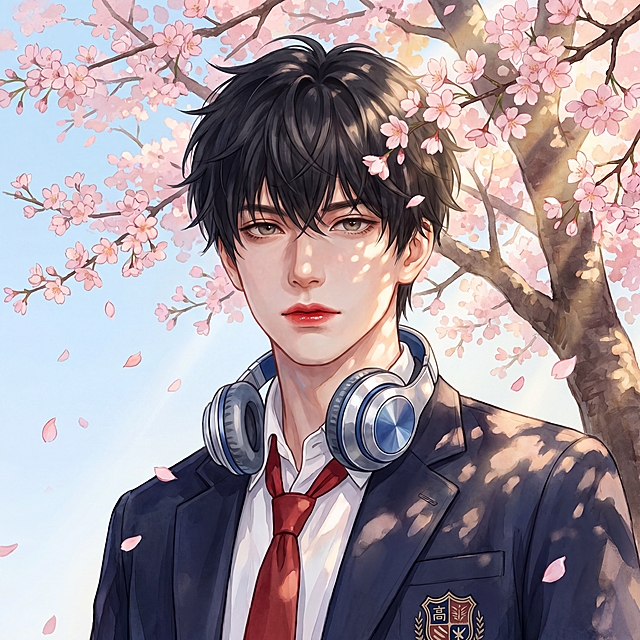 根据参考图人物修改，保留人物五官轮廓，调整为：凌乱蓬松的黑色碎发，浅棕色眼眸，皮肤通透白皙，唇色水润，眼神温柔带点疏离，典型校园白月光人设。穿搭为日系学院风校服，藏青色西装外套带校徽刺绣，白色翻领衬衫，松散的红色领带，颈间挂着银蓝配色的头戴式耳机，整体干净清爽带慵懒少年感。场景为春日户外樱花树下，澄澈浅蓝色天空，盛开的粉色樱花树枝条垂落，花瓣点缀画面，暖金色春日阳光透过樱花枝桠，在人物身上形成斑驳光影，丁达尔光效，整体画面明亮通透，温柔治愈。主色调为藏青、白、红、粉、浅蓝，清新柔和撞色，水彩油画质感，色彩过渡自然。1:1正方形特写构图，人物占据画面主体，樱花枝桠从左上角垂落，黄金分割构图，微微俯拍的平视视角，半身近景，完整呈现人物上半身、穿搭细节与樱花场景。侧前方暖金色阳光，樱花斑驳光影，明暗对比柔和，突出人物轮廓与皮肤通透感，金属耳机高光质感，刻画好发丝蓬松凌乱感、皮肤通透感、衬衫褶皱、西装质感、耳机细节、樱花花瓣层次，细腻逼真